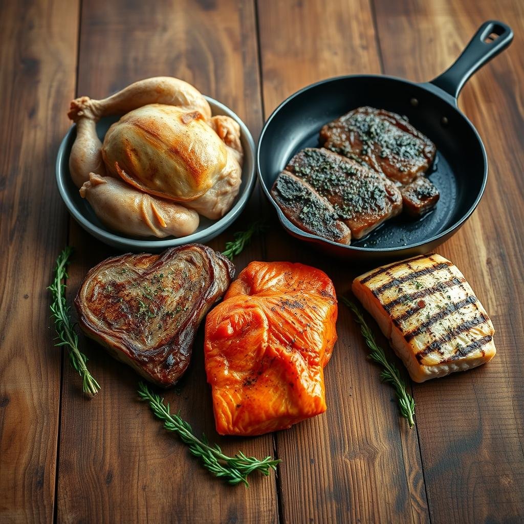 chicken pork beef salmon proteins